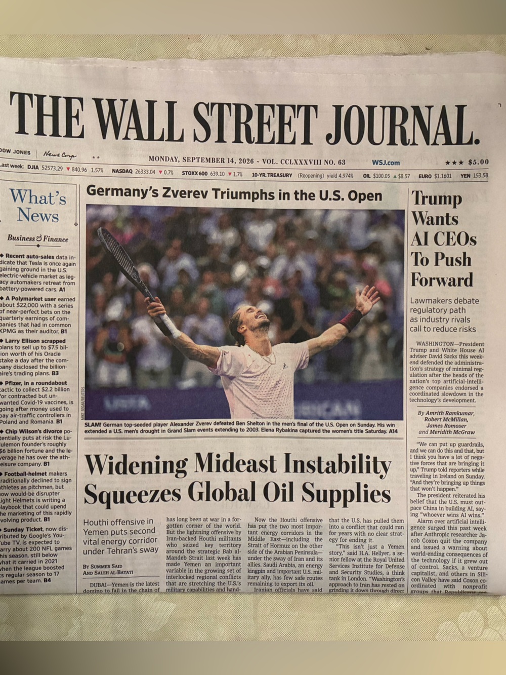 The Wall Street Journal Newspaper U.S. OPEN
NYC Alexander Zverev BEN SHELTON New